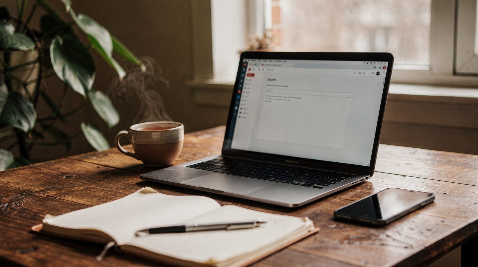 A welcoming wooden table by a window with an open laptop, a phone, a notebook and a cup of tea.