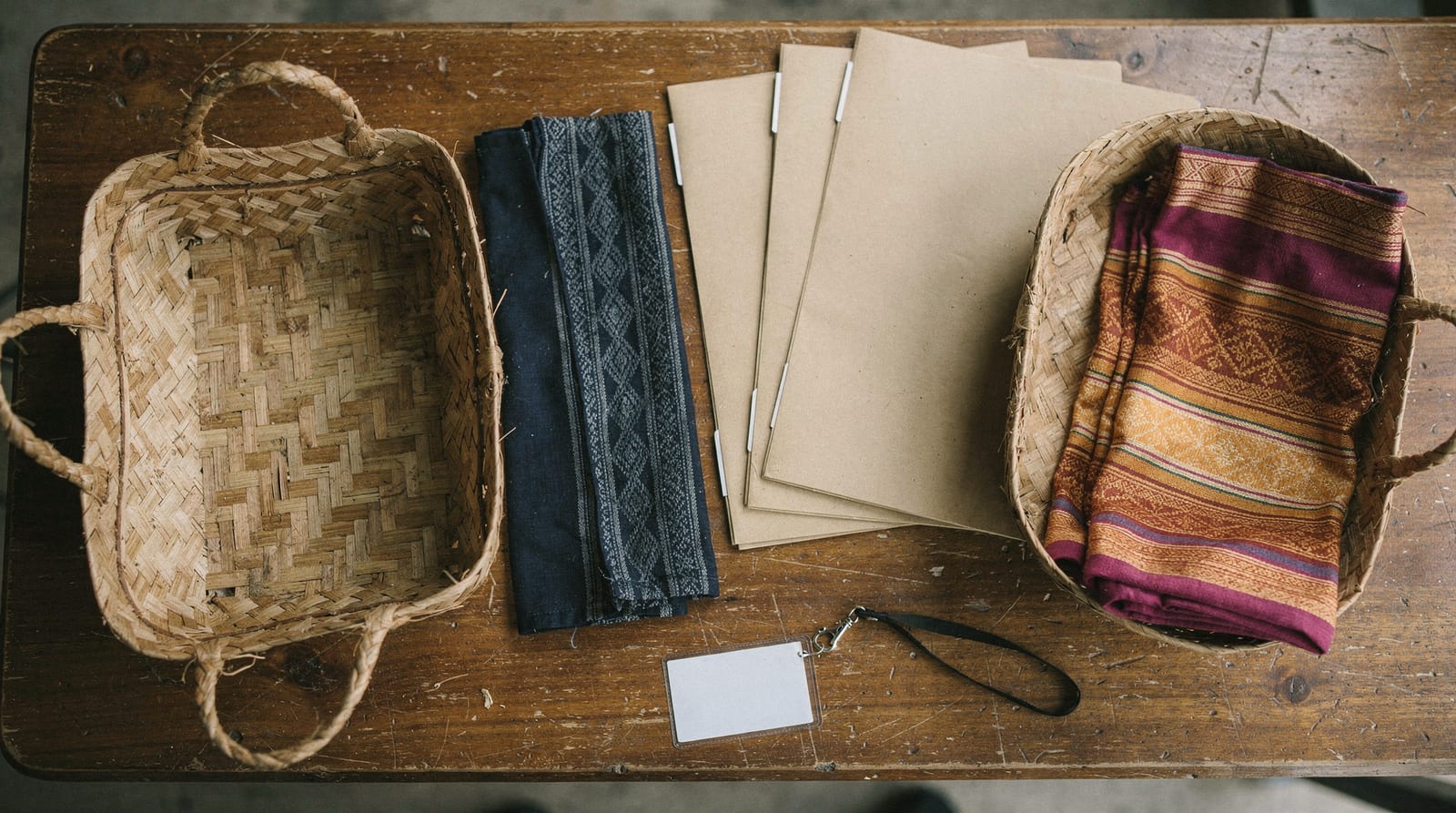 Three regional woven baskets and document folders representing Filipino, Thai and Burmese domestic workers, overhead.