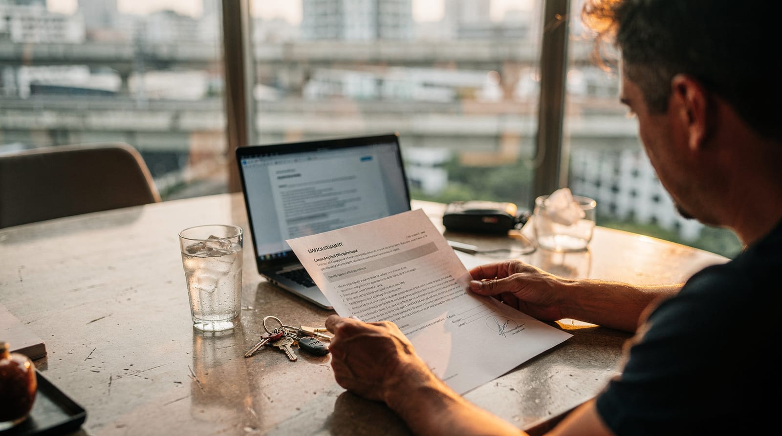 A foreign employer reviewing a printed domestic-worker employment contract at a sunlit Bangkok condominium table.