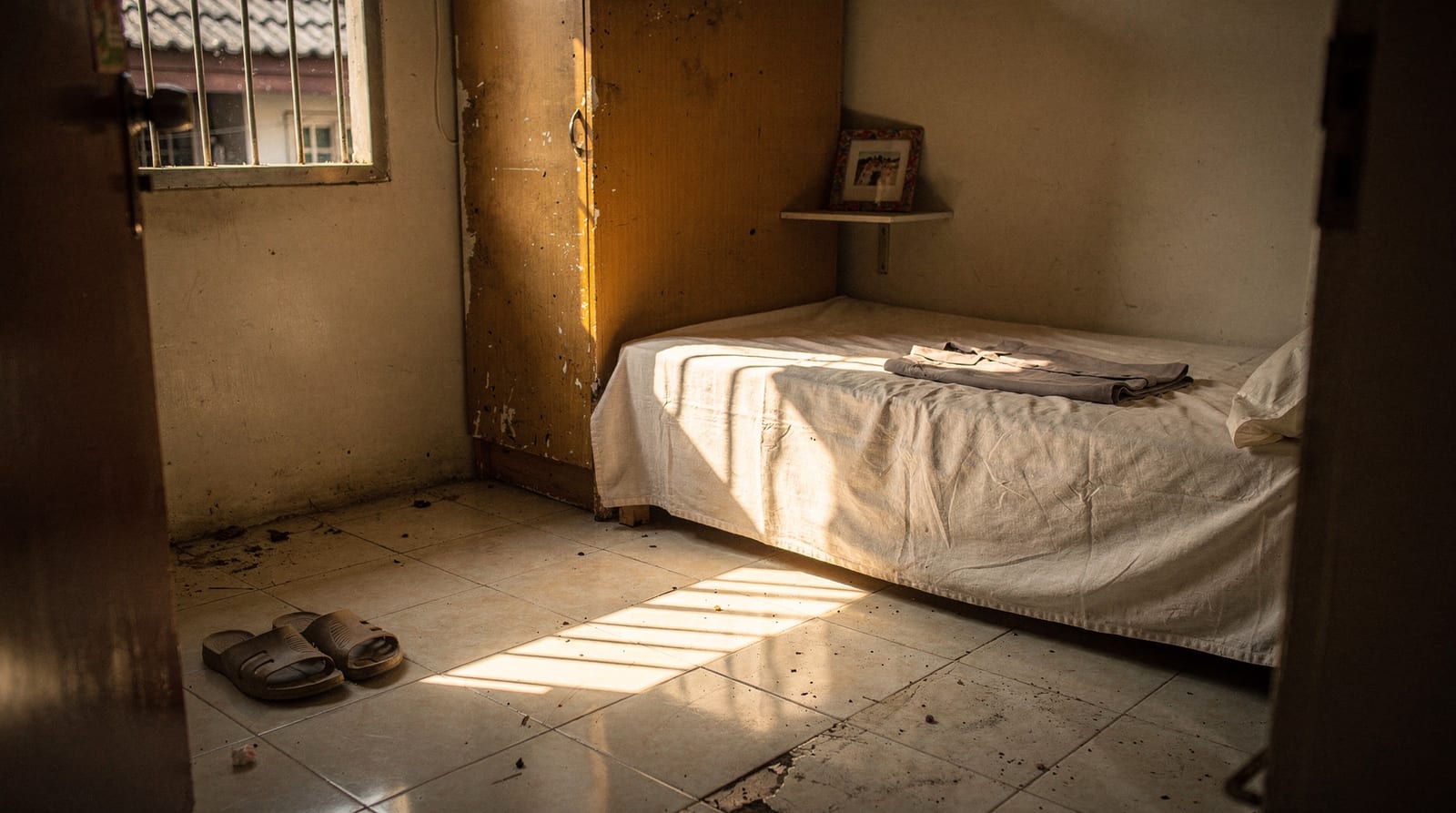 A small, tidy live-in domestic worker's room in a Bangkok home with a made bed and folded uniform in late-afternoon light.
