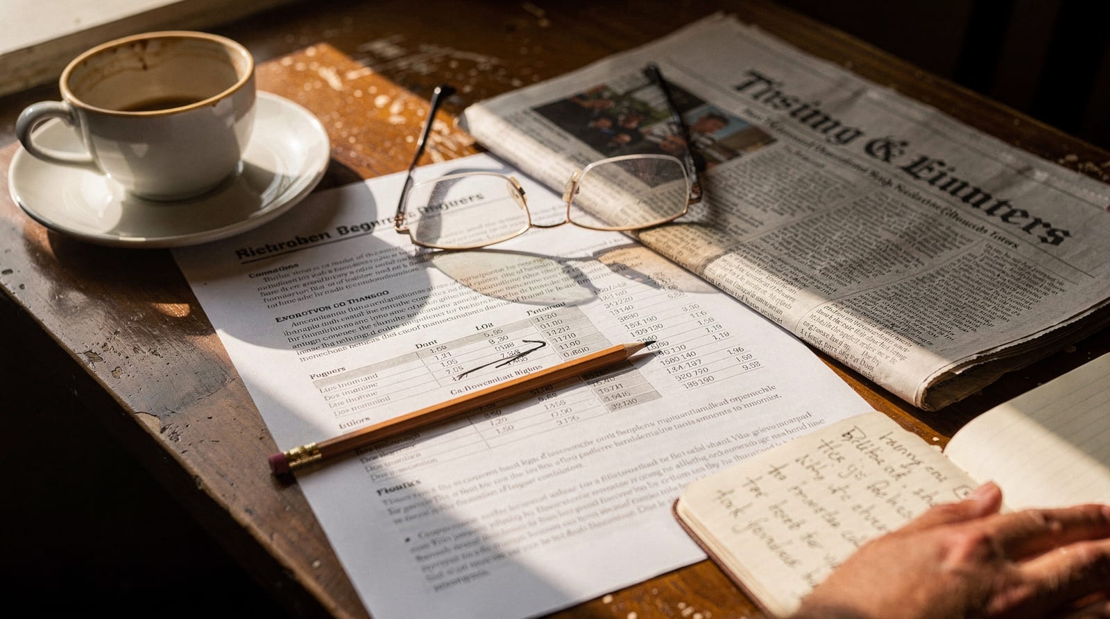 A printed salary research report and a business broadsheet on a cafe table with reading glasses, read over breakfast.