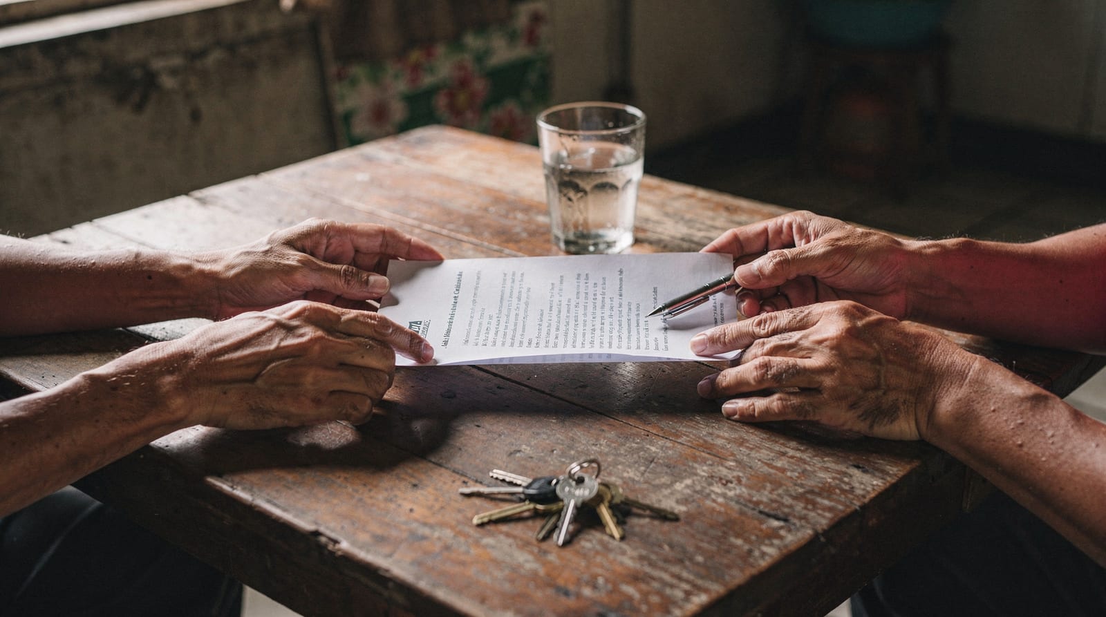 The hands of two people resting on a single-page document on a wooden table, a pen and a set of keys between them.
