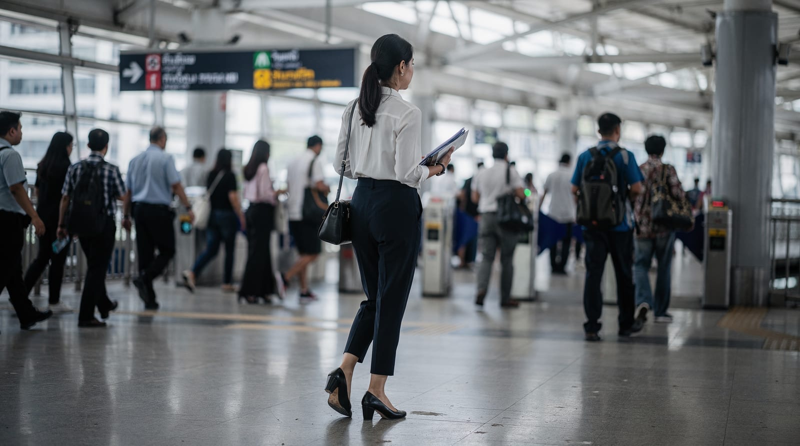 A Filipina in office clothes carrying a folder of documents walks through a busy Bangkok BTS skytrain station, seen from behind.