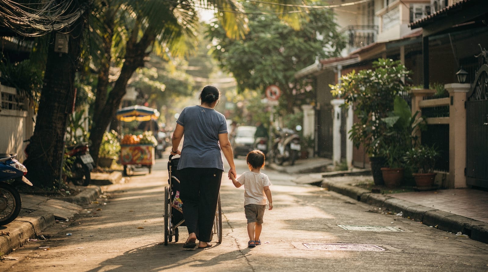 A nanny walks away from the camera down a tree-lined Bangkok soi, pushing a stroller and holding a small child's hand; both faces are turned away.