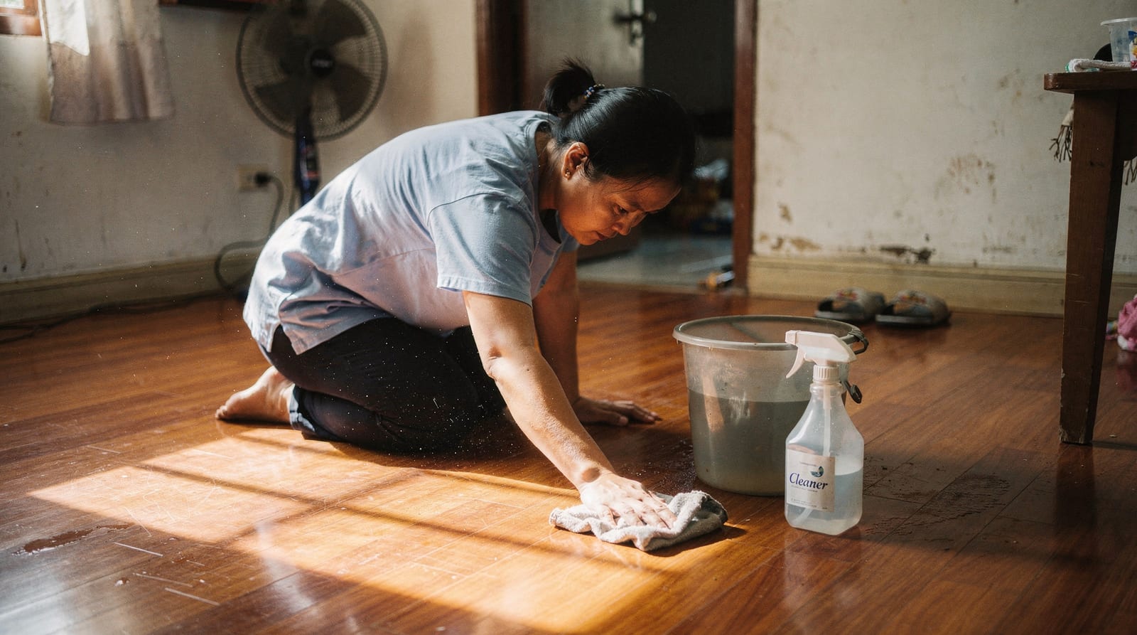 A domestic worker, seen from behind with her head bowed, kneels to wipe a wooden floor with a cloth in a sunlit Bangkok home, a bucket and spray bottle beside her.