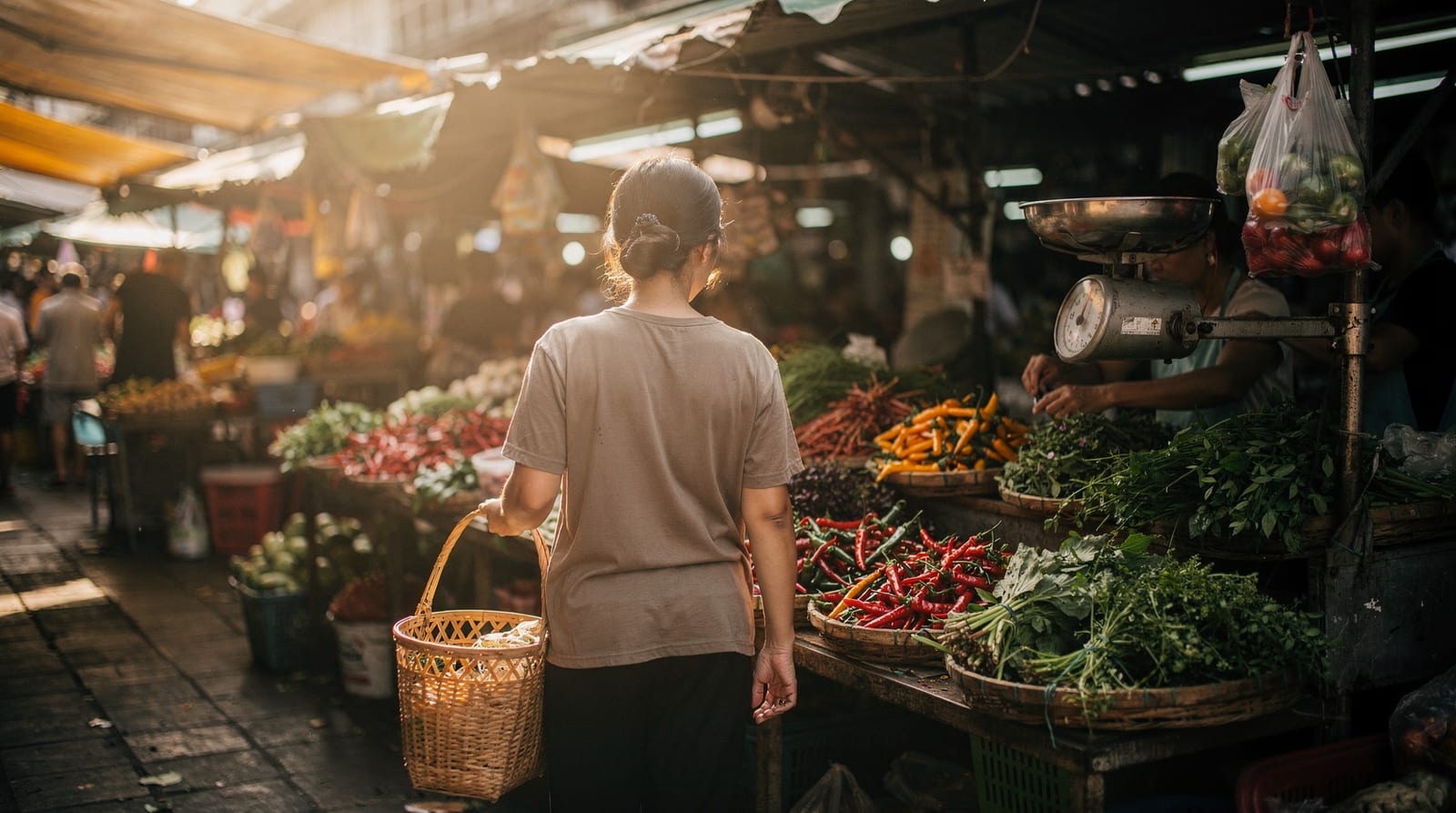 A domestic worker, seen from behind with a woven basket, chooses vegetables at a Bangkok fresh market in warm morning light.