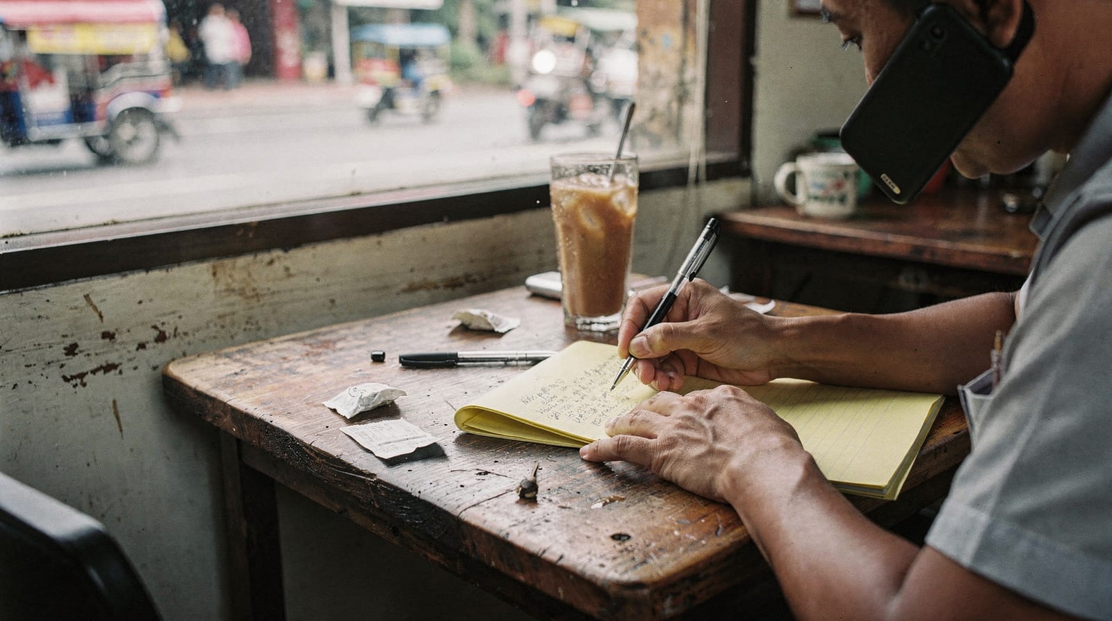 Hands taking handwritten notes in a notebook at a cafe table, a phone held to one ear.
