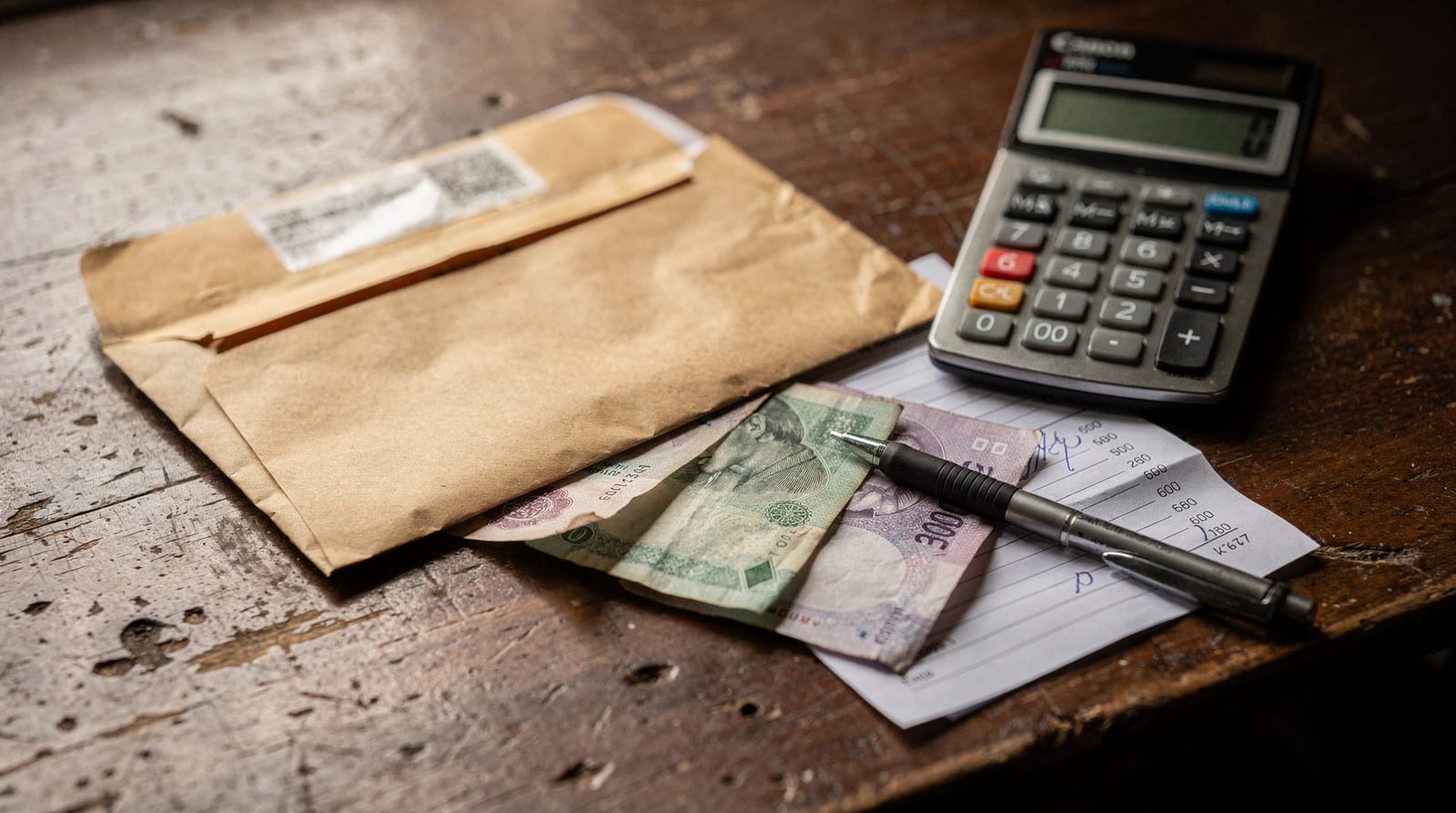 A brown pay envelope, a few folded Thai baht banknotes, a pocket calculator and a handwritten payslip on a worn wooden table.