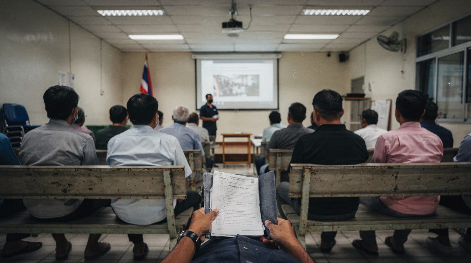 Newly arrived migrant workers sit on benches facing a presenter in a plain reception-centre orientation room, seen from the back of the room with a Thai flag in the corner.