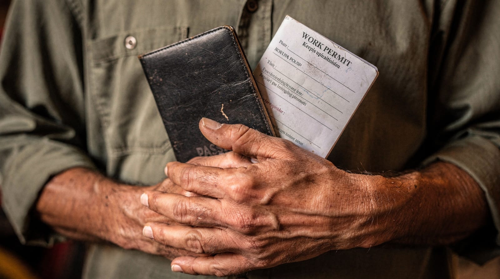 A migrant worker's hands hold their own passport and a folded work-permit document against their chest, no face visible.
