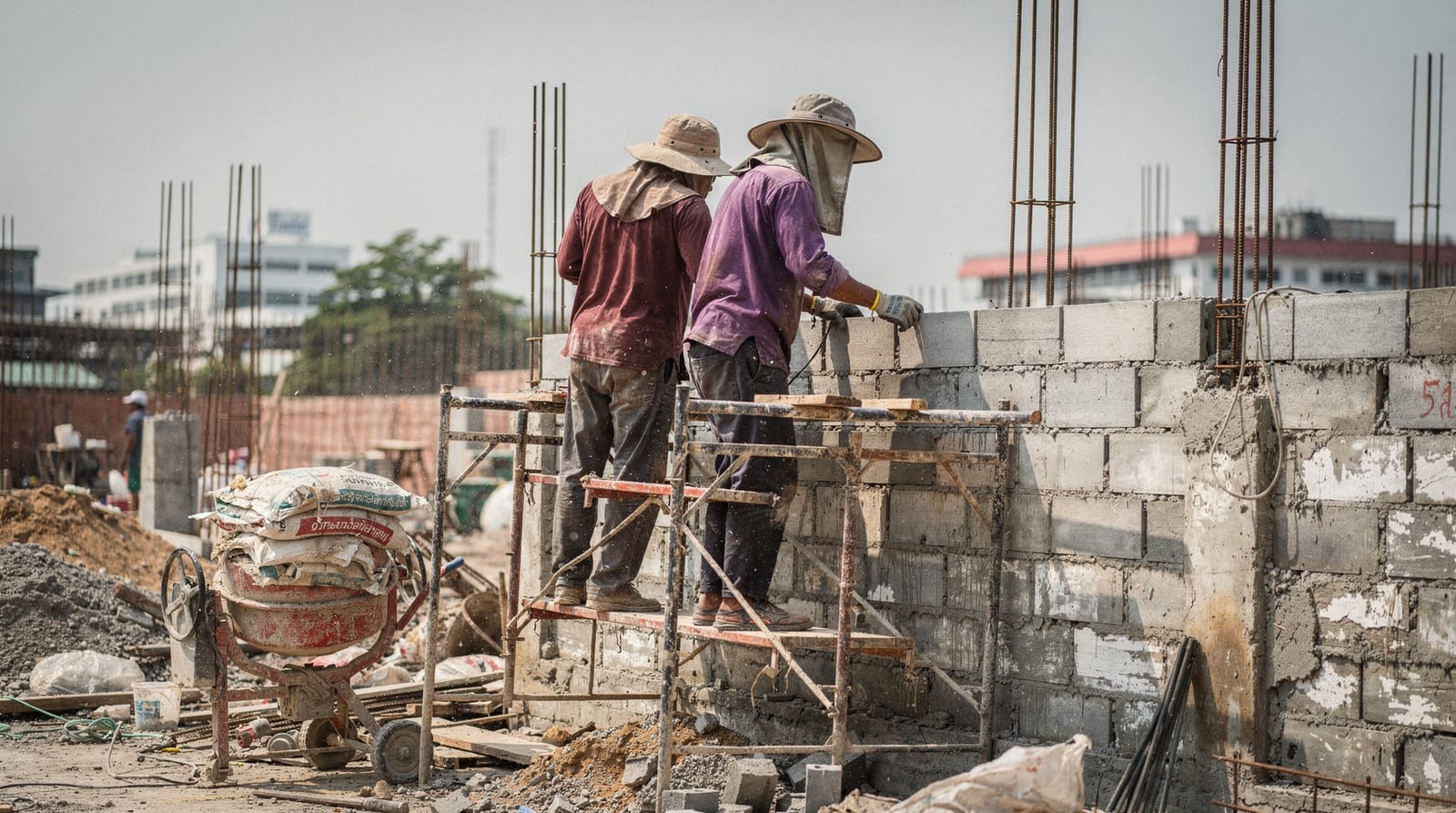Two construction workers in sun hats lay concrete blocks on scaffolding at a Bangkok building site, seen from behind, faces not visible.