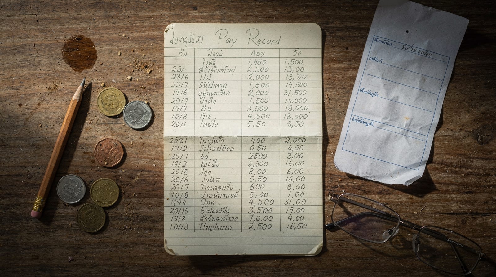 A handwritten personal pay-record ledger beside coins and reading glasses, kept by an individual worker.