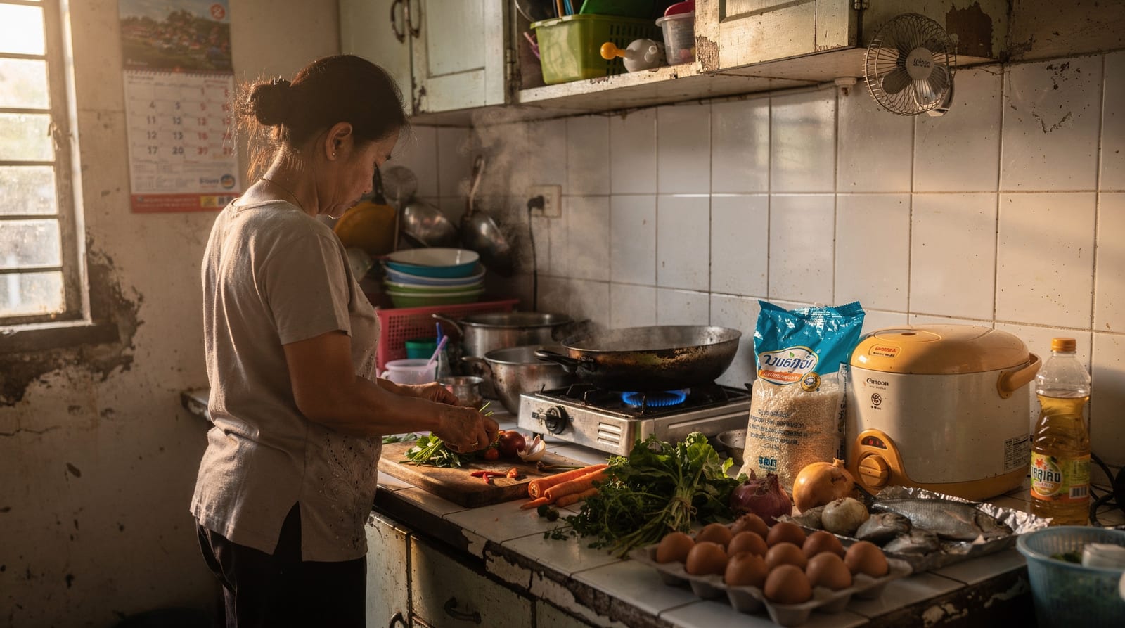 A live-in domestic worker, seen from behind, prepares a family meal at the stove in a modest Bangkok home kitchen, with groceries and a rice cooker on the counter.