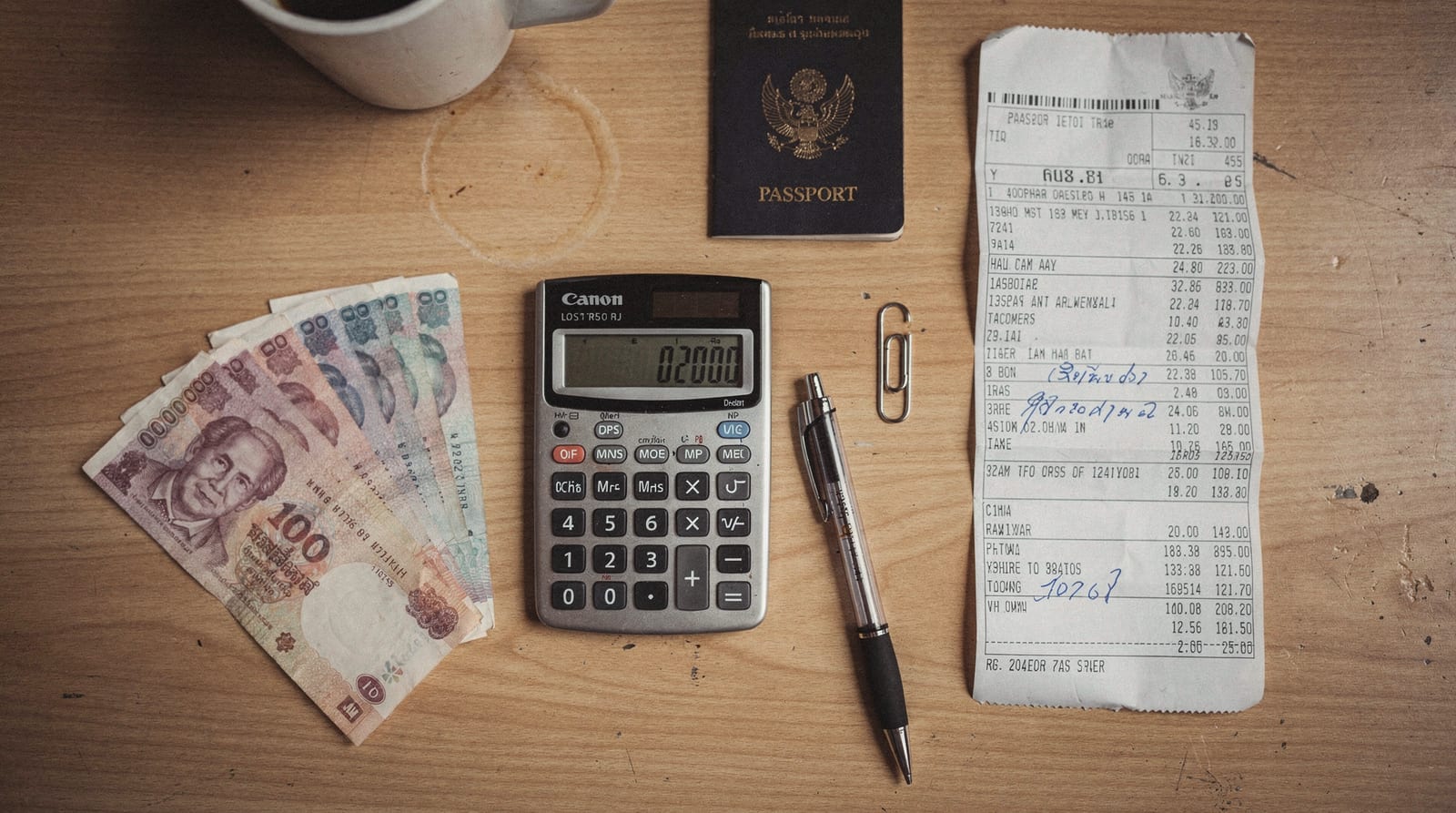 An overhead flat-lay of a calculator, folded Thai baht banknotes, an itemised receipt, a generic passport and a pen on a wooden desk.