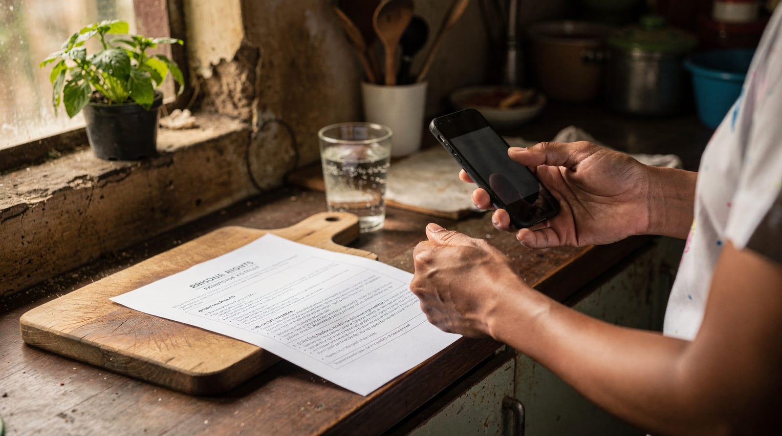 A domestic worker's hands holding a phone to photograph a printed rights document on a kitchen counter.