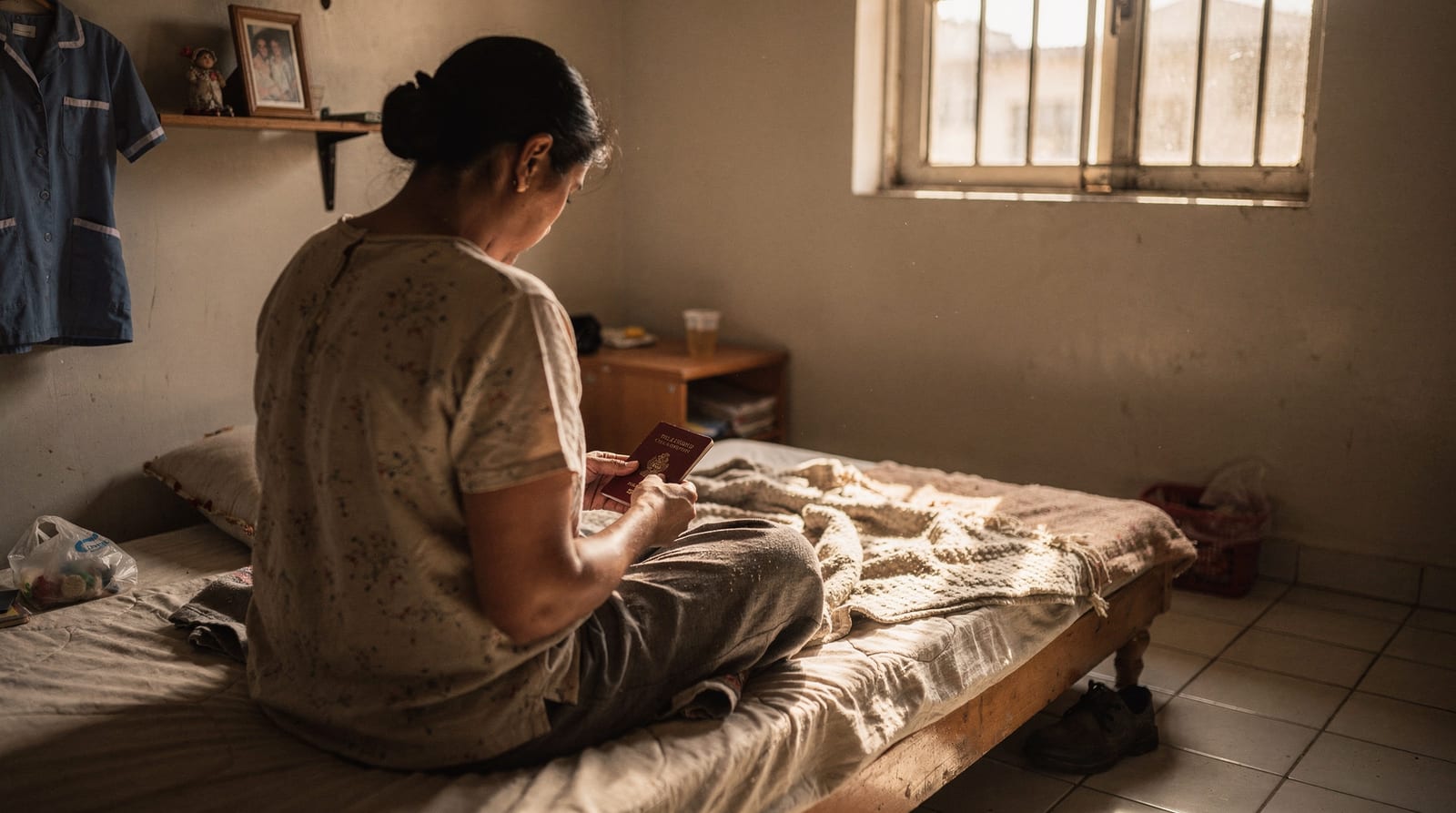 A domestic worker sitting on her bed, seen from behind, holding her own passport in the light of a barred window.